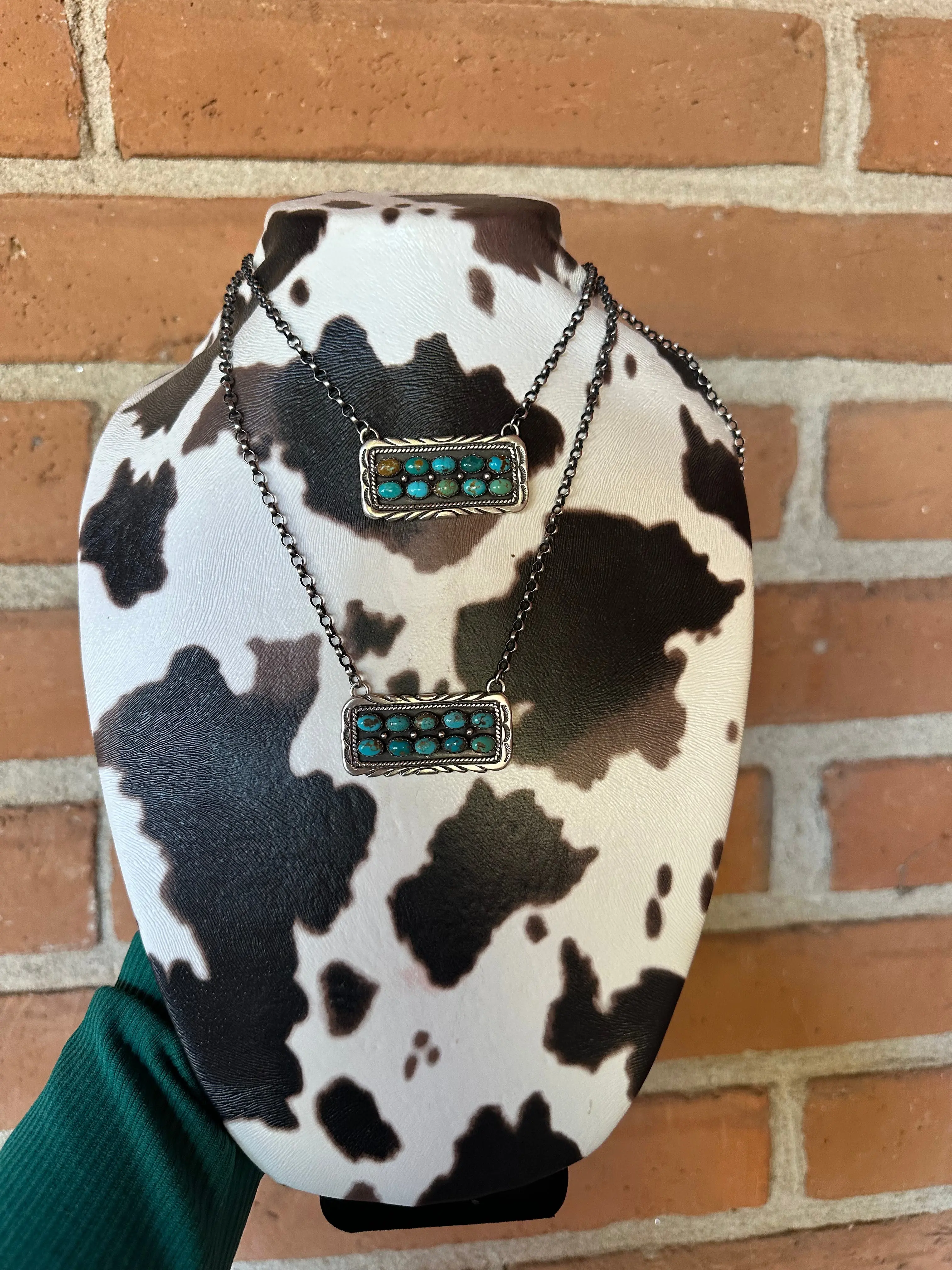 Handcrafted Sterling Silver & Double Row Turquoise Bar Necklace Signed E. Richards