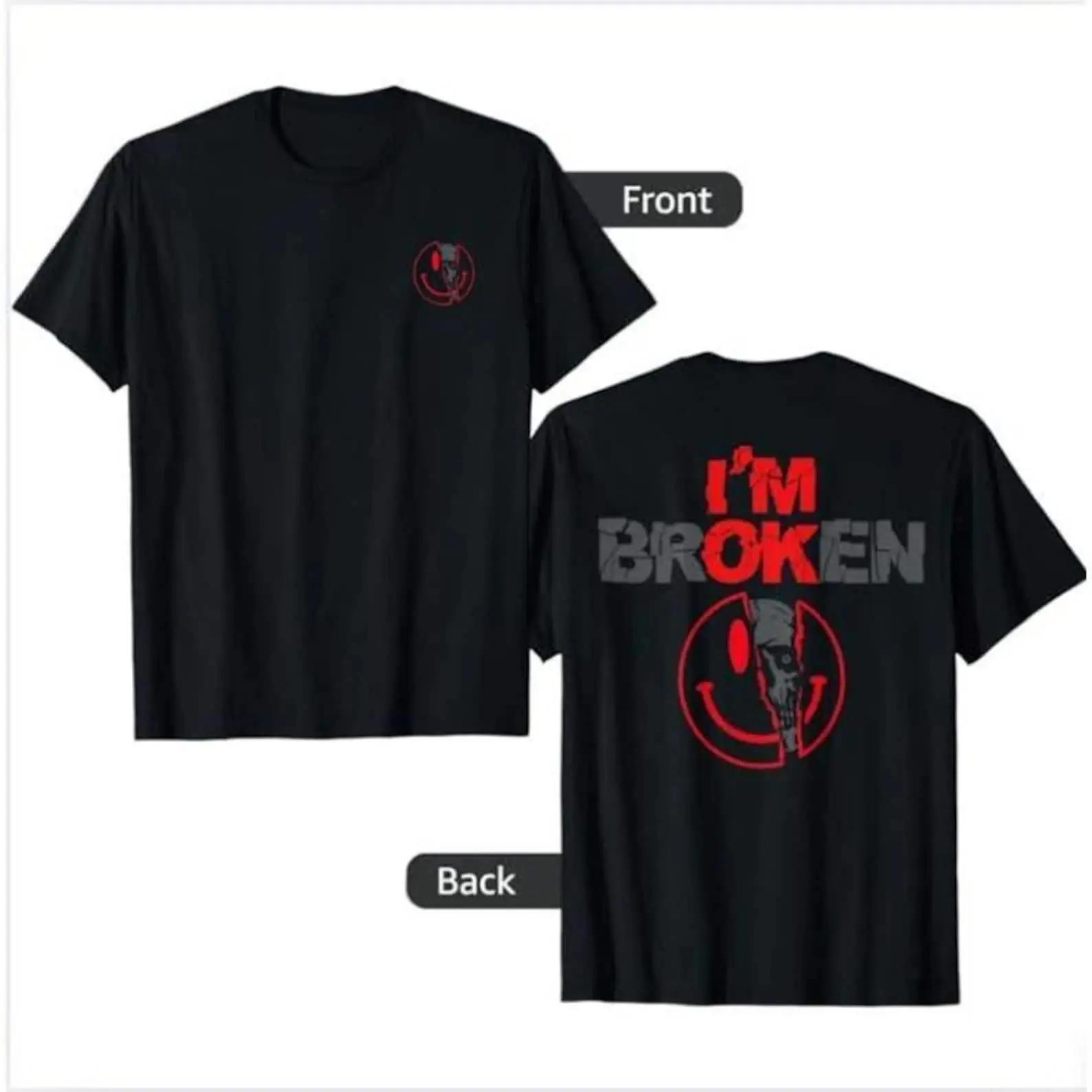 Unisex I'm Broken T-Shirt Double-Sided Horror Smile Face Graphic Tee Oversized Loose Fit Crewneck Short Sleeve Cotton Casual Top for Daily Wear Streetwear Edgy Statement Apparel for Men Women
