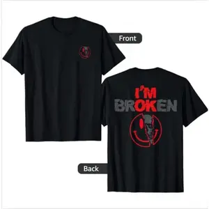 Unisex I'm Broken T-Shirt Double-Sided Horror Smile Face Graphic Tee Oversized Loose Fit Crewneck Short Sleeve Cotton Casual Top for Daily Wear Streetwear Edgy Statement Apparel for Men Women