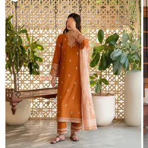 Saavan Pakistani Dress 3PC Set - Premium Cotton Lawn Shirt, Silk Munaar Dupatta, Embroidered Trouser - Ready to Wear for Casual & Everyday Elegance