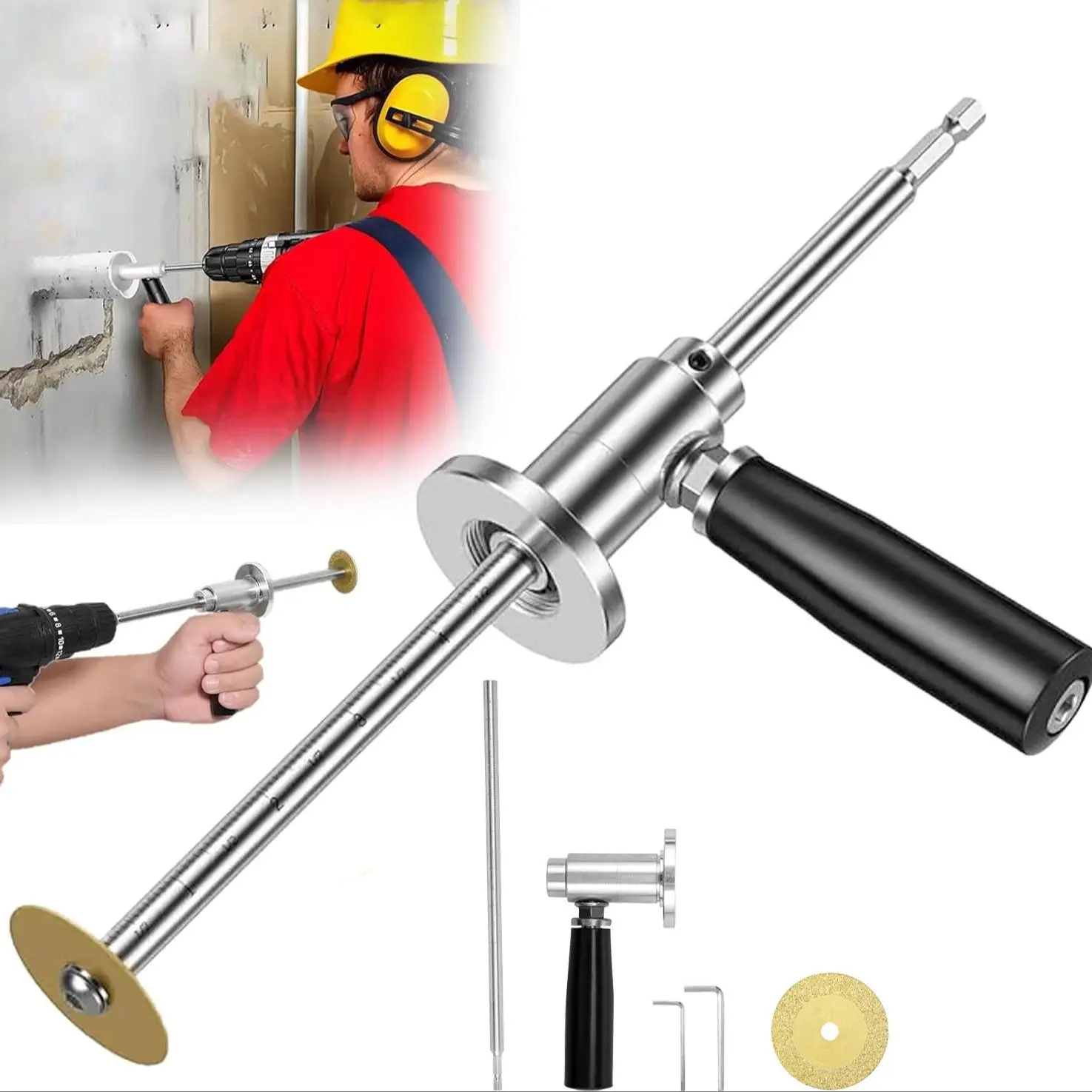 PVC Pipe Inside Cutter with Diamond Grit Cutting Wheel and Handle, Fit for 1-1/2 Inch to 8 Inch, 7 Inch Adjustable Cutting Depth & 1/4in Hex Shank Cut