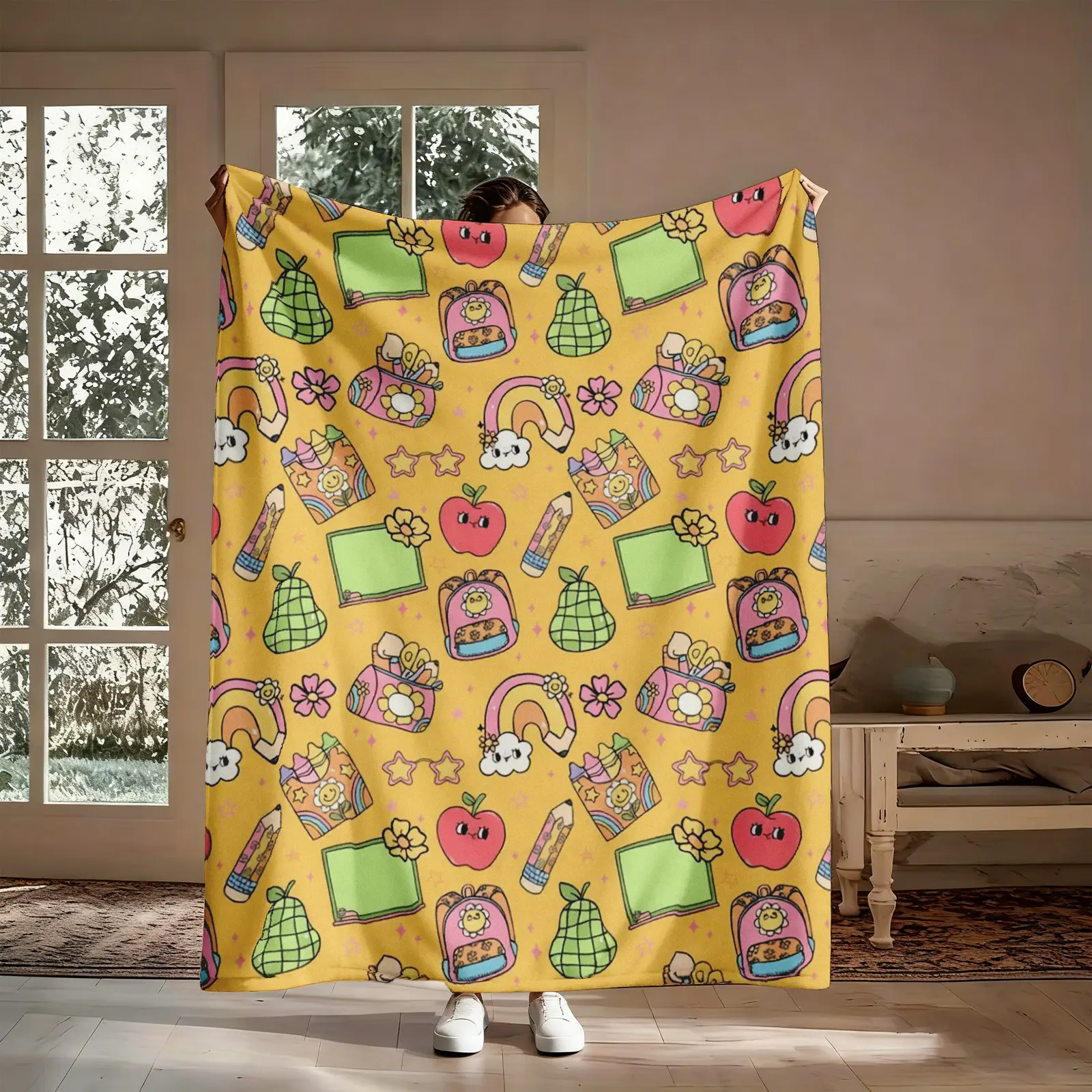 Cute School Supplies Flannel Throw Blanket Backpack Pencil Apple Rainbow Cartoon Soft Cozy Warm for Couch Bed Kids Room Gift for Kids Students Her Him Birthday Back to School Christmas Aesthetic Playful Educational Decor 30x40 to 60x80 Machine Washable