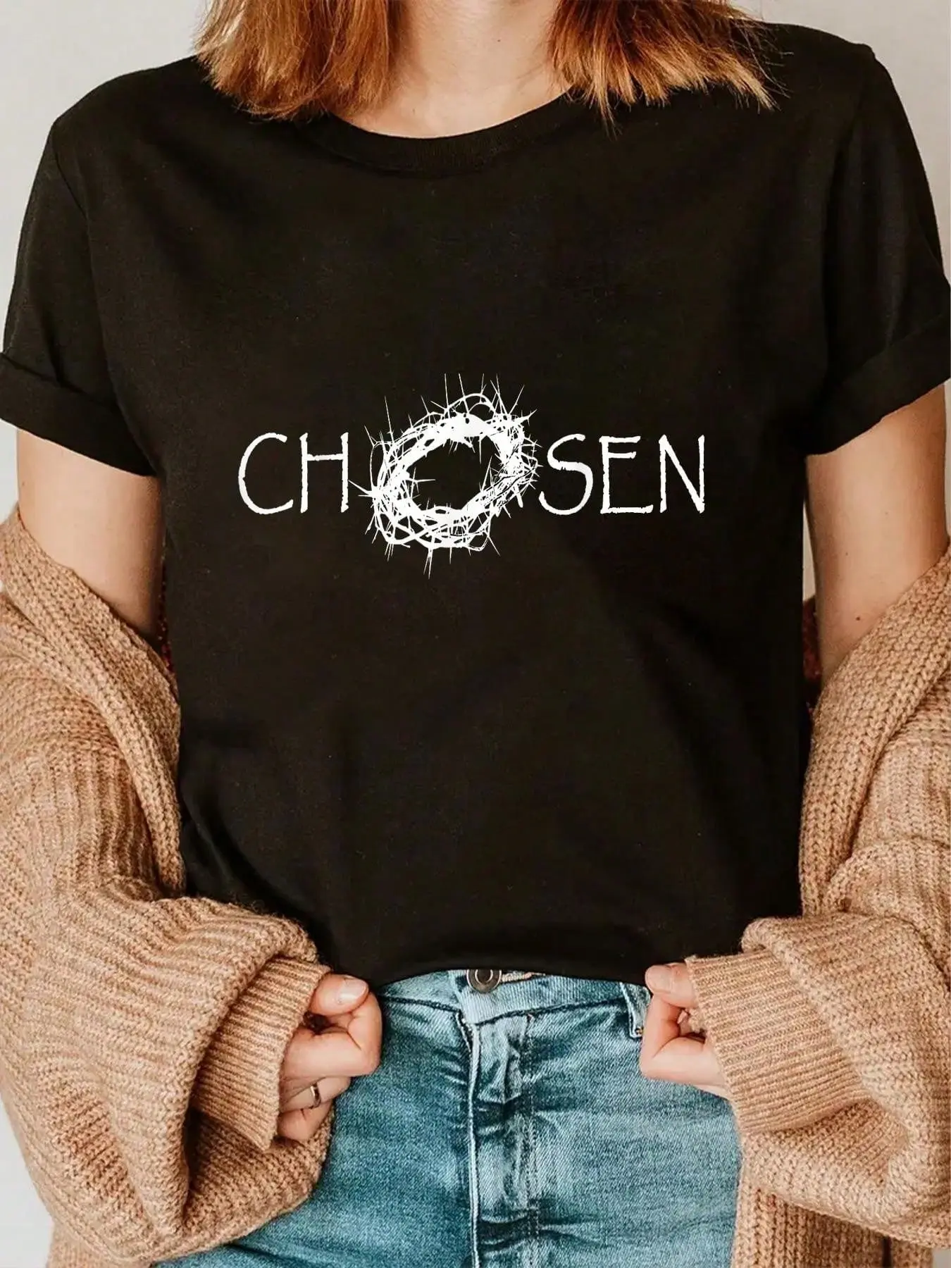 Women's The Chosen Pop Culture Graphic T-Shirt, Vintage Distressed Cotton Shortsleeve Round Neck Top, Casual, Short Sleeve, Everyday, Streetwear, Tshirt, Whimsical Theme, Distressed Print, Streetwear Look, Whimsical Vibe, Party, One Size
