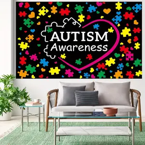 2D Flat Polyester Reusable Backdrop - Autism Awareness Puzzle Print, Party Decoration Supplies for Birthday Celebrations, Backdrop Picture for Photography Banners