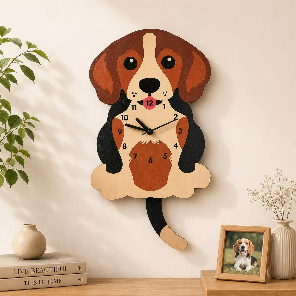Cute Beagle Pendulum Wall Clock with Wagging Tail, Wooden Hanging Clock,Silent Operation, Kids Room & Living Room Dog Decor, Baby Room Decoration, Perfect Gift for Dog Lovers