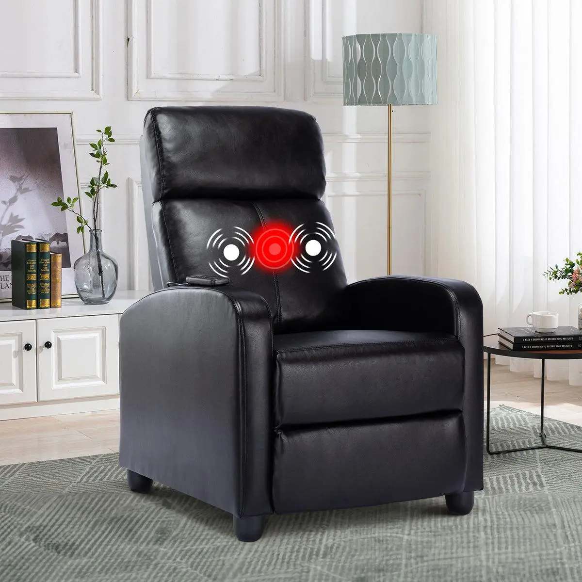 EBELLO PU Leather Massage Recliner Chair Winback Recliner Chairs, Modern Padded Seat Reclining Chair Single Sofa for Living Room, Adjustable Home Theater Seating Office Black