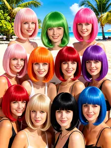 Summer Multicolor Bob Wig, Straight Bangs Short Style, Breathable Comfort, Ideal for Football Fans, Beach, Pool Parties, Festive Events, Synthetic Bob Wig