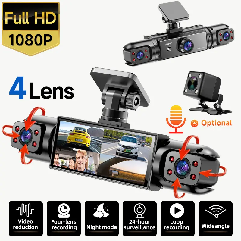 AXH 4-Channel 360° Wide-Angle Car Dashcam Set, 1080P Front Rear Left Right Views, Loop Recording, Night Vision, G-Sensor, Smart Driving Tech, Car Accessories, Includes Free 64GB Memory Card