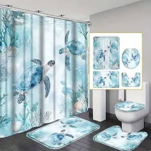 4-Piece Nautical Turtle Shower Curtain Set | Bathroom Decor, Includes 12 Hooks, Non-Slip Rug, Toilet Lid Cover And U-Shaped Mat, Suitable For Nautical Blue Ocean Theme In Beach Or Coastal Bathrooms, Modern Home Accessories For Ocean Lovers