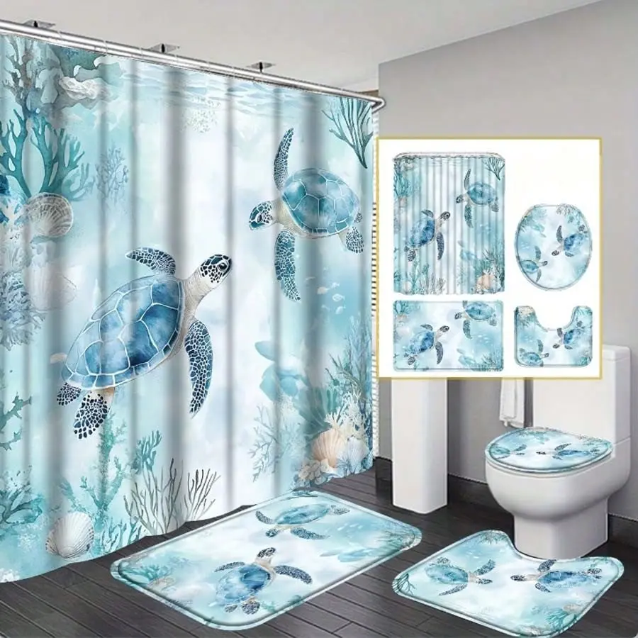Water Proof Nautical Turtle Print Flannel 4-Piece Shower Curtain Set - 1 Curtain, 12 Hooks, Non-Slip Rug, Toilet Lid Cover, U-Shaped Mat, Wall-Mount Bathroom Decor for Home Bathrooms, Ocean Lovers
