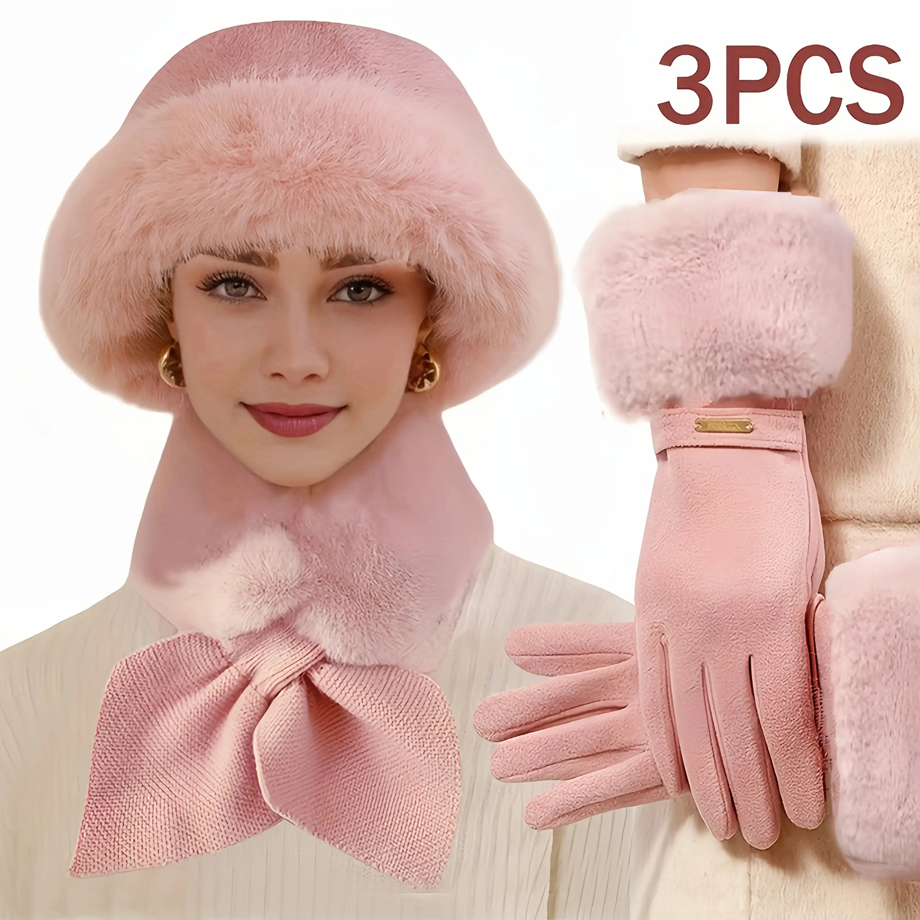3-Piece Hat, Scarf, and Gloves Set for Women, Plush Knit Winter Accessories with Touchscreen Fingerless Gloves, Christmas Gift, Cold Weather, Adults, Beige 3-Piece Set, Cross-Over Scarf, Fashion Accessory Set