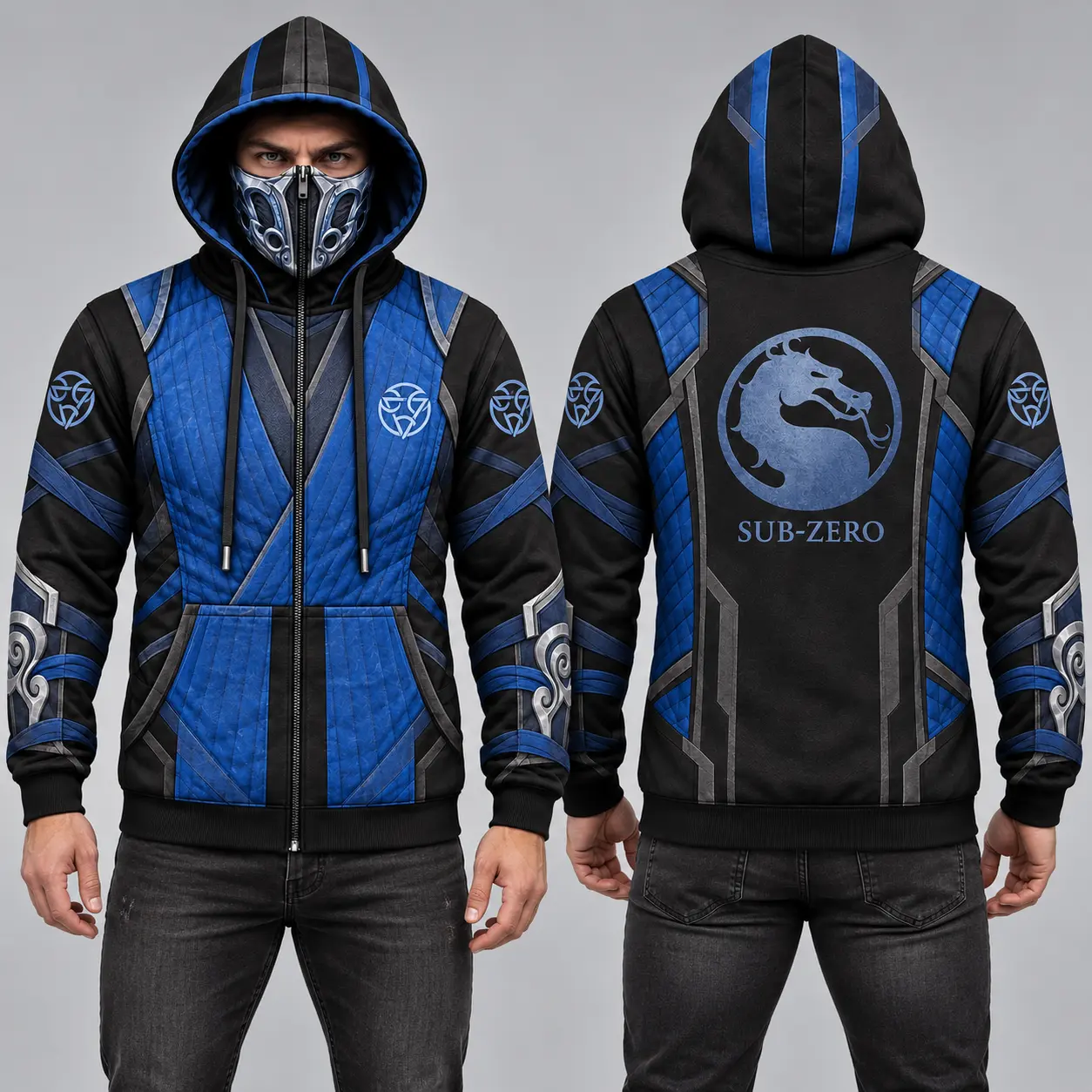 M0rt@l K0mb@t Sub-Zero Inspired Men’s Zip-Up Hoodie with Face Cover, Blue & Black All-Over Print Hooded Sweatshirt