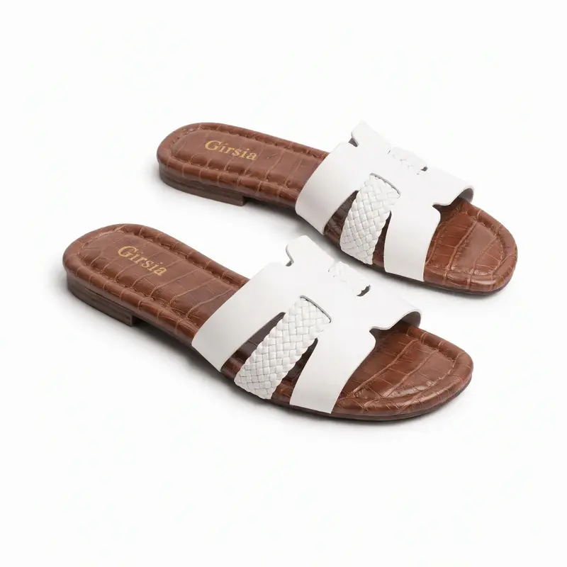 Women's White Woven Mules, Handwoven Braided Slide Sandals with Cushioned Footbed, Non-Slip Slip-On Flats for Fall Casual Everyday Wear