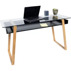 55 Inch, Modern Computer Desk for Small Spaces, Living Room, Office and Bedroom - Study Table w/Glass Top and Shelf Space - Black