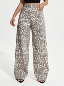 Women's Y2K Leopard Print High Waist Wide Leg Jeans, Flowy, & Makes Legs look MILES Long, Casual Pocket Design Long Pants for Daily Wear, Stylish Denim Trousers, Fit