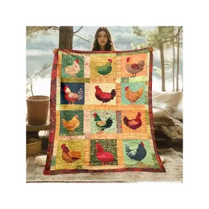 Vibrant Patchwork Chicken & Rooster Quilt - Rustic Country - Style Colorful Poultry - Themed Bedspread
