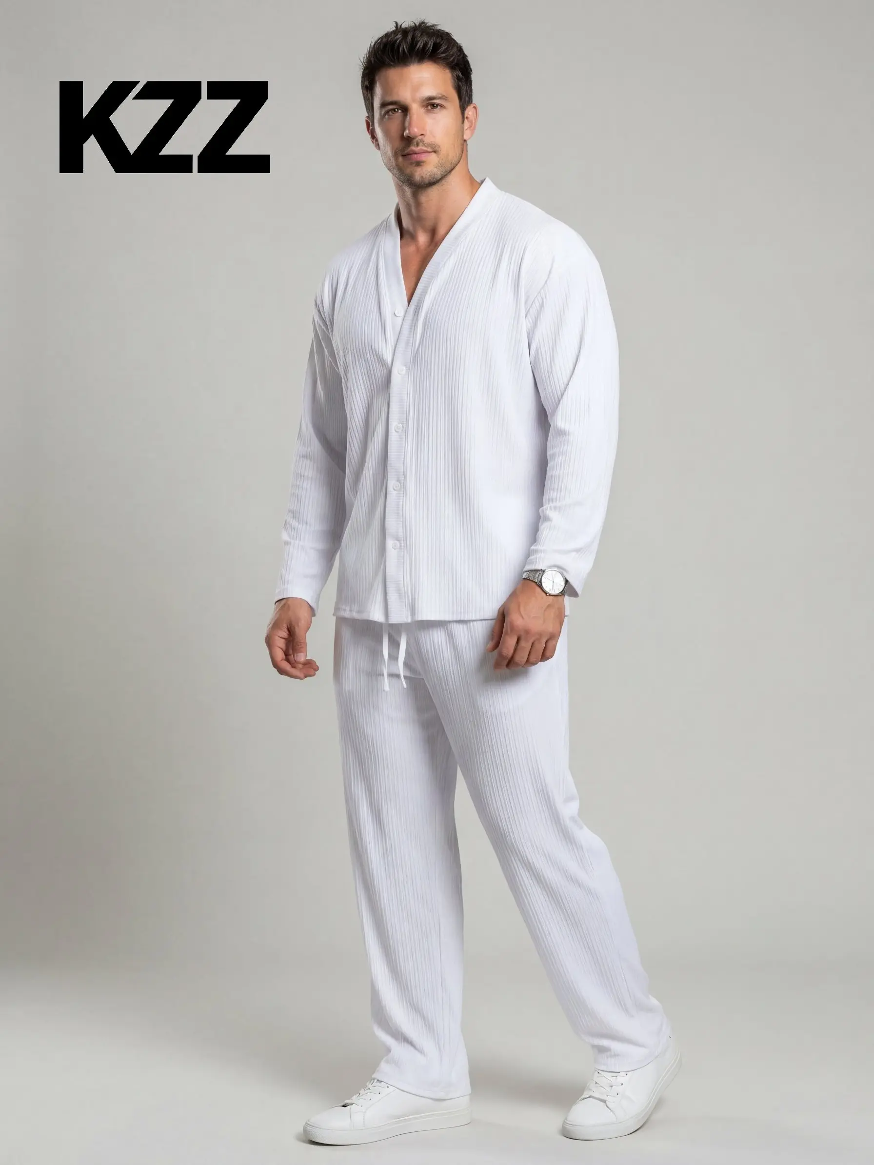 KZZ Men's Classic Plain 2-Piece Set, Long Sleeve Button-Down Shirt & Trousers Outfit for Casual Commuting
