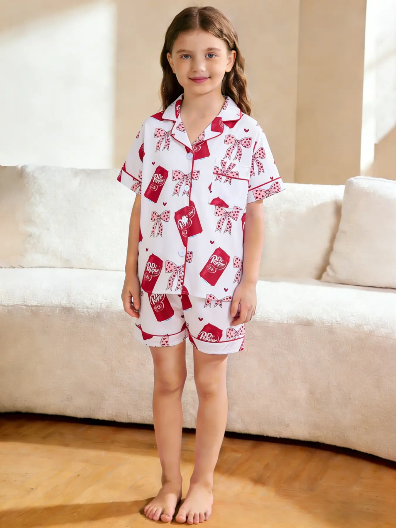 2-piece set of children's clothing, girls' white background, full body, love butterfly bow, red love drink bottle, printed pattern, short sleeved shorts, soft and comfortable top, small pocket, elastic waistband, home children's clothing, pajamas set