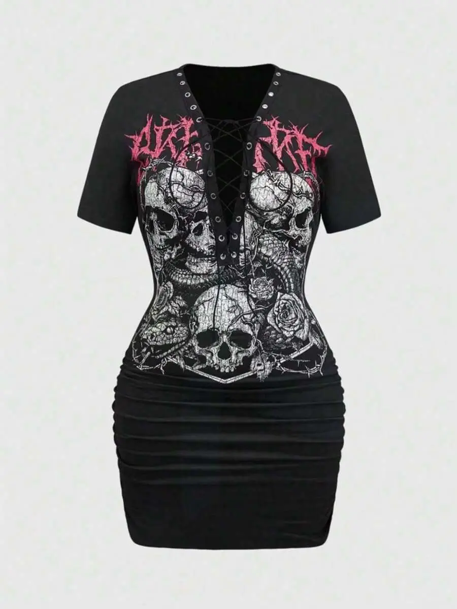 LUNA LAYER Grunge Punk Gothic Skull Floral Print Ruched Tie Front Deep V Neck Bodycon Mini Dress