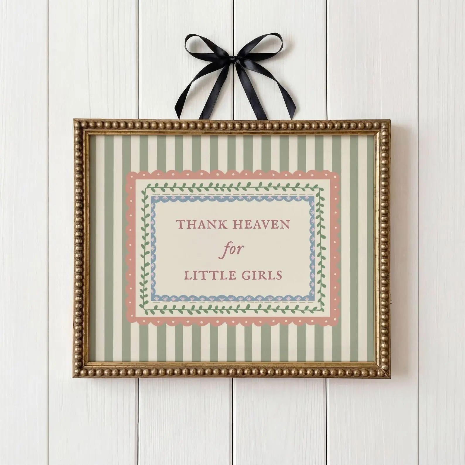 Thank Heaven for Little Girls Nursery Printable Landscape, Baby Girl Wall Art Above Crib, Vintage Stripe Pink Green Nursery Decor
