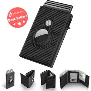 Mens Smart Wallet Card Holder for AirTag: Leather, Compatible with Apple Air Tag, RFID Blocking, Slim, Carbon Fiber, Minimalist - 9-14 Card Capacity|   ID Window|   Cash Slot (Black)