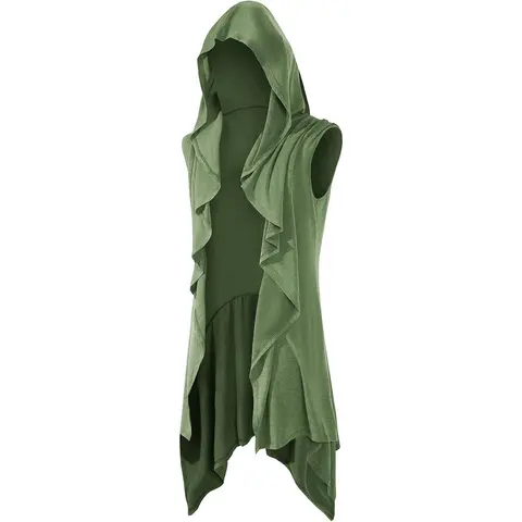 Runcati Men's Stylish Sleeveless Hooded Knit Cardigan - Casual Fitted Stretch Cotton, Ruffle Shawl Collar, Open Front Draped Robe Top, Durable Hemmed, All Seasons Festival Parades Menswear Cape
