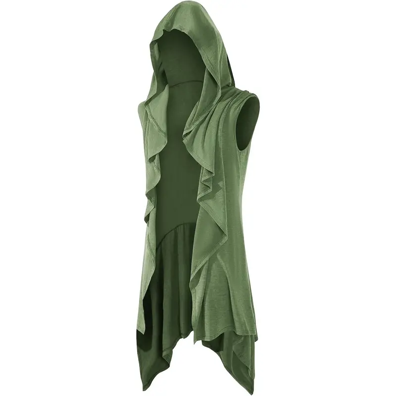 Runcati Men's Stylish Sleeveless Hooded Knit Cardigan - Casual Fitted Stretch Cotton, Ruffle Shawl Collar, Open Front Draped Robe Top, Durable Hemmed, All Seasons Festival Parades Menswear Cape