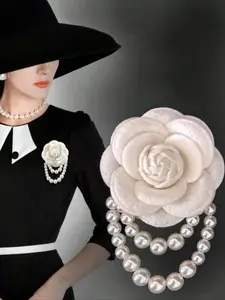 Elegant Women's Camellia Puffy Pearl Tassel Brooch Pin, Jewelry Accessories Shirt Collar Dress Set, Party Wedding Gift