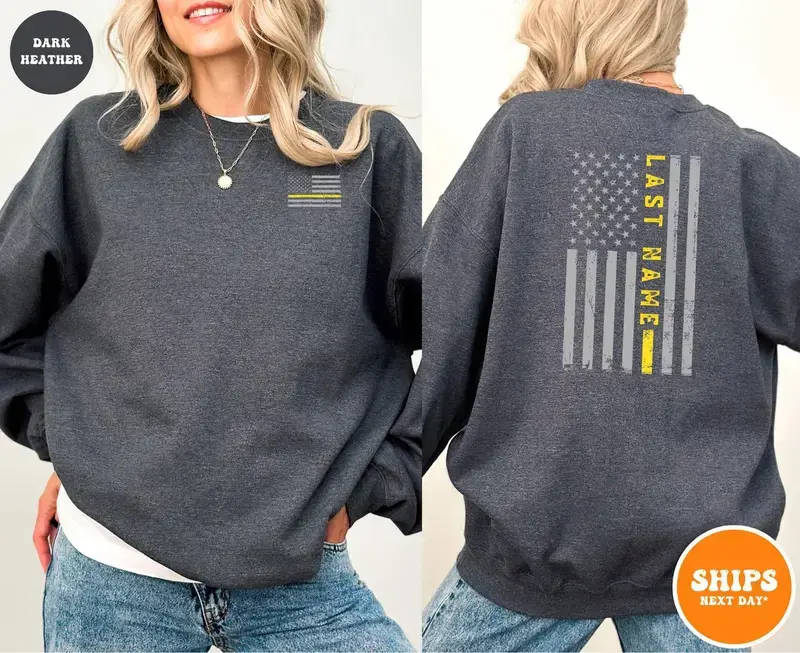 ( ADD NOTE/ MESSAGE US YOUR NAME) Customize Name, 911 Dispatcher Sweatshirt, Thin Gold Line Flag Dispatcher Shirt, First Responder Gift, Personalized 911 Operator, Telecommunications