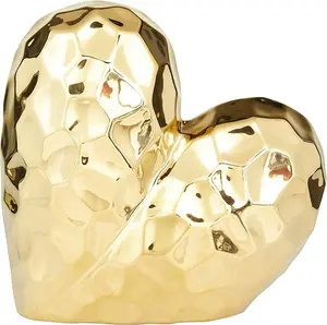 79 Porcelain Ceramic Heart Decorative Sculpture Dimensional Angled Origami Inspired Home Decor Statue, Accent Figurine 8" x 3" x 8", Gold