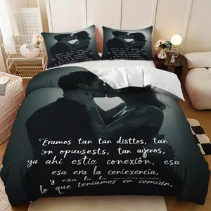 Bedding Set - 3pcs Black and White Couple Kissing Phrase Background Down Comforter Set (1 comforter cover + 2 pillowcases, filling not included) A gift for family and friends, soft and comfortable, suitable for family bedrooms and guest rooms.