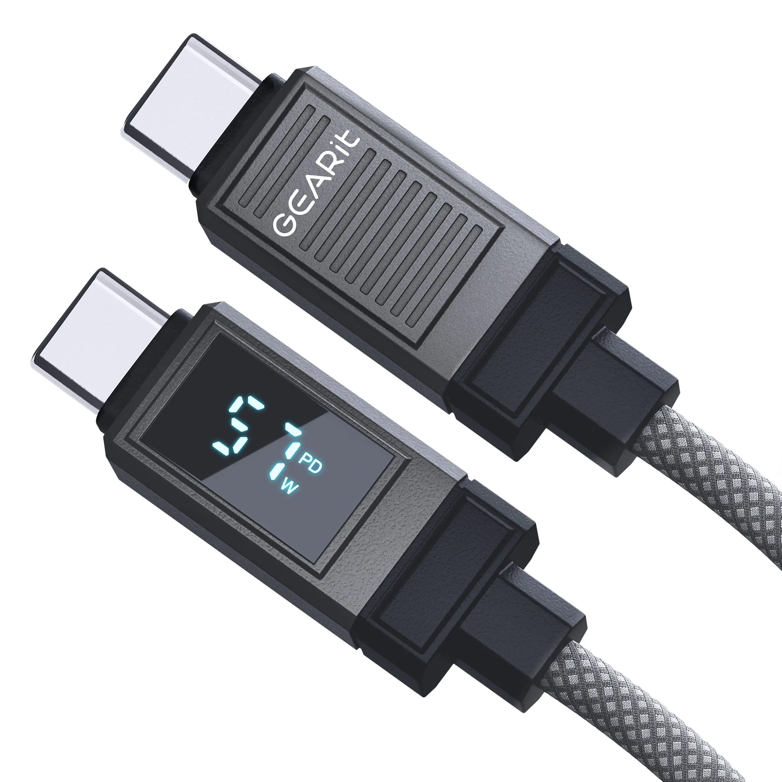 GEARit 100W USB C to USB C Cable, Fast Charging Cord with Digital Display, Braided Charger for iPhone 16/15, MacBook, iPad Pro, Samsung, 3.3ft Grey