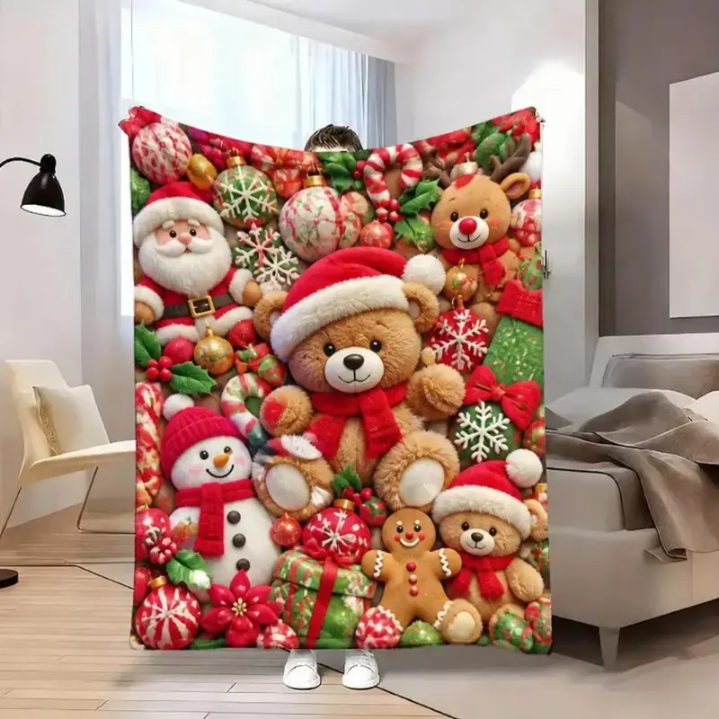 Plush Christmas Teddy Bear Throw Blanket - Soft Holiday Flannel Fleece with Santa & Snowman, Cozy Winter Bedroom Decor for Kids & Family, Festive Gift Blanket