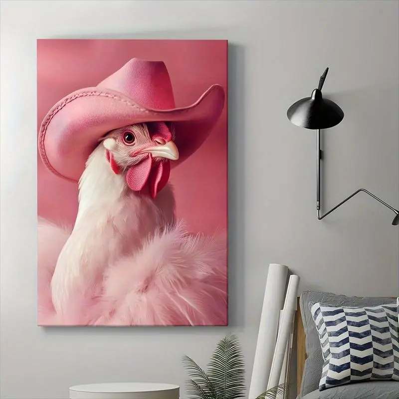 Rooster Wearing Pink Cowboy Hat Wooden Frame Canvas Painting, Modern Art Wall Decoration, Home Living Room Bedroom Office Wall Decoration, Poster Wall Art, Wall Decoration Painting Ornaments Artistic