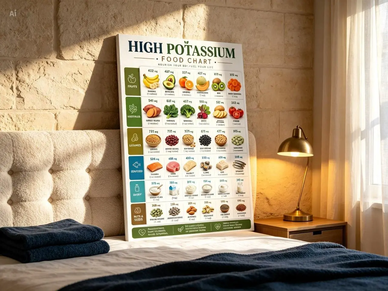 High Potassium Food Chart Poster Healthy Foods Nutrition Guide Wall Art Potassium Rich Foods Educational Kitchen Print Fruits Vegetables Legumes Seafood Dairy Nuts Seeds Wellness Dietitian Doctor Office Classroom Home Kitchen Decor Infographic Wood