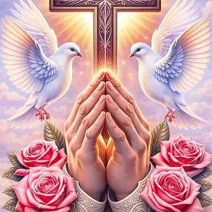 1PC 5D diamond painting 2D flat printing Christian Diamond Painting Kit Cross with Praying Hands and Doves Religious DIY Craft Supplies for Home Decor 5D Rhinestone Embroidery Design Art Gift for Adults and Kids