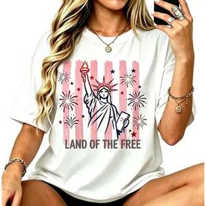 Women Liberty Statue 4th of July Cotton Tee Patriotic Fireworks USA Flag T-Shirt American Freedom Independence Day Summer Casual Short Sleeve
