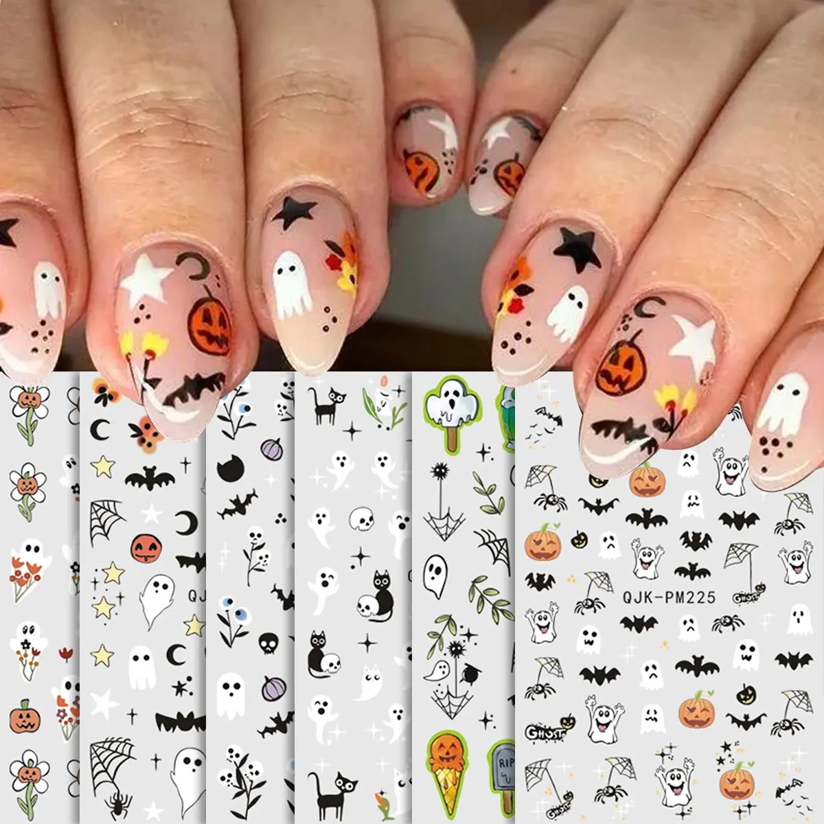 Halloween Nail Art Sticker, Cute Ghost Pumpkin Bat Spider Web Design Nail Art Decals, DIY Nails Student Nail Decoration, Nail Art Designs, 1 Piece, Nail Art Supplies