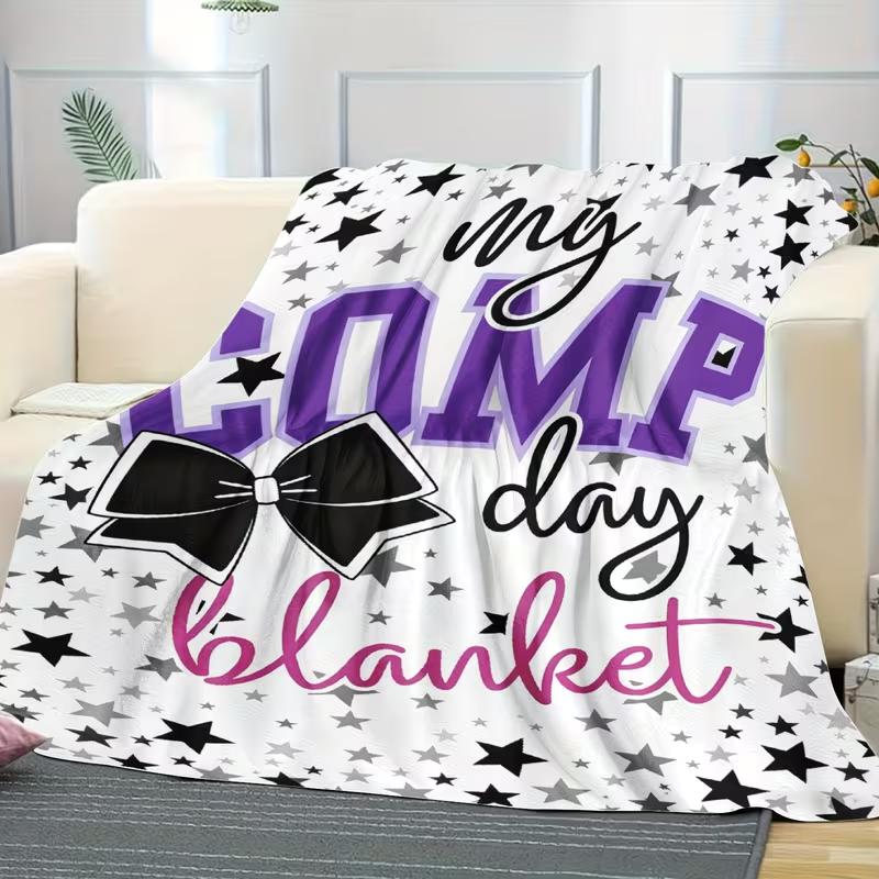 Soft Funny Throw Blanket Fleece Blanket Purple Black Stars My Comp Day Blanket Bow Print Gymnastics Dance Cheerleader Gift for Competition EventMade of 100% polyester and flannel fabric, 280gsm.