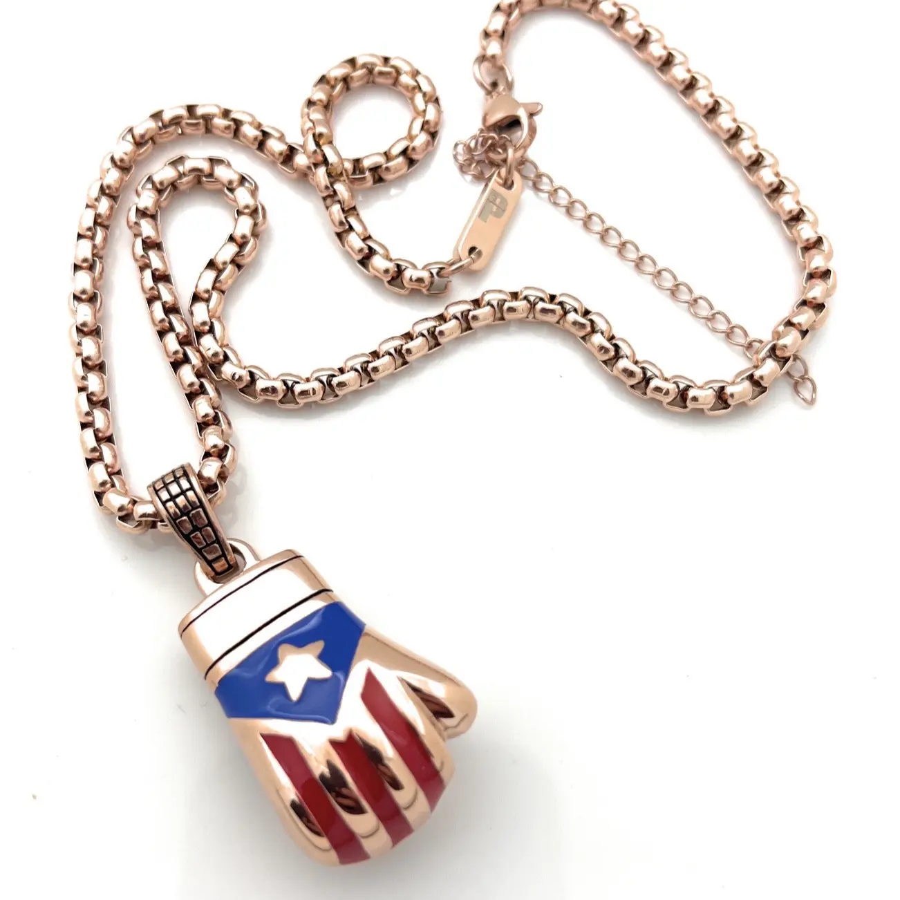 Rose Gold Boricua Boxing Glove Necklace for Women & Men Puerto Rican Pride Matelasse Chain Modern Versatile Jewelry Accessory