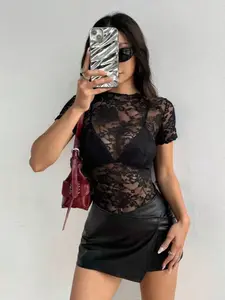 New Sexy Sheer Lace Top Short Sleeve Embroidered Mesh Shirt, Women's Casual Fashion Blouse, Summer Breathable Clothing, Embroidery