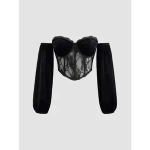 Cider [size 2-10] Velvet Off-shoulder Lace Tie Back Corset Crop Top