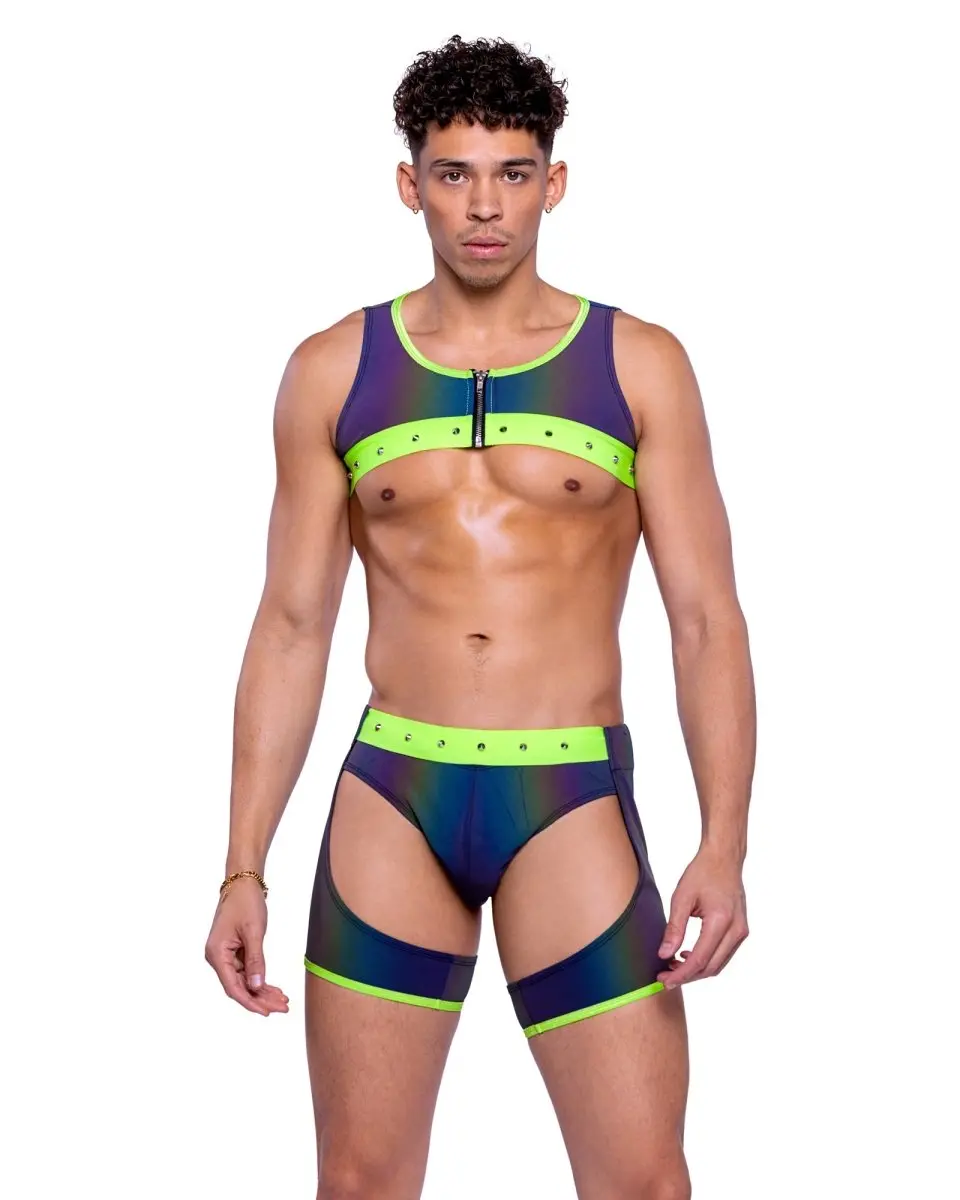 Roma Costume 6535-Multi-Lime-L Adult Male Reflective Chaps with Stud Detail, High-Quality Clothing Material, Comfortable Fit, Multi & Lime Colors - Large, Adults