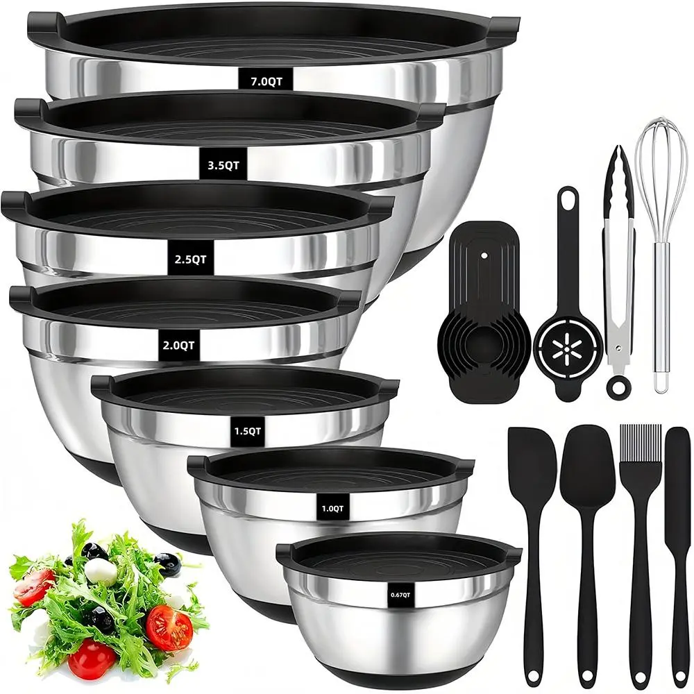 Independence Day Special : 5-7 piece set of colorful stainless steel salad bowls, including 13 functional components, sealed and leak-proof, BPA-free, dishwasher-safe, suitable for baking, pre-preparation, light meal salads, and kitchen organization.