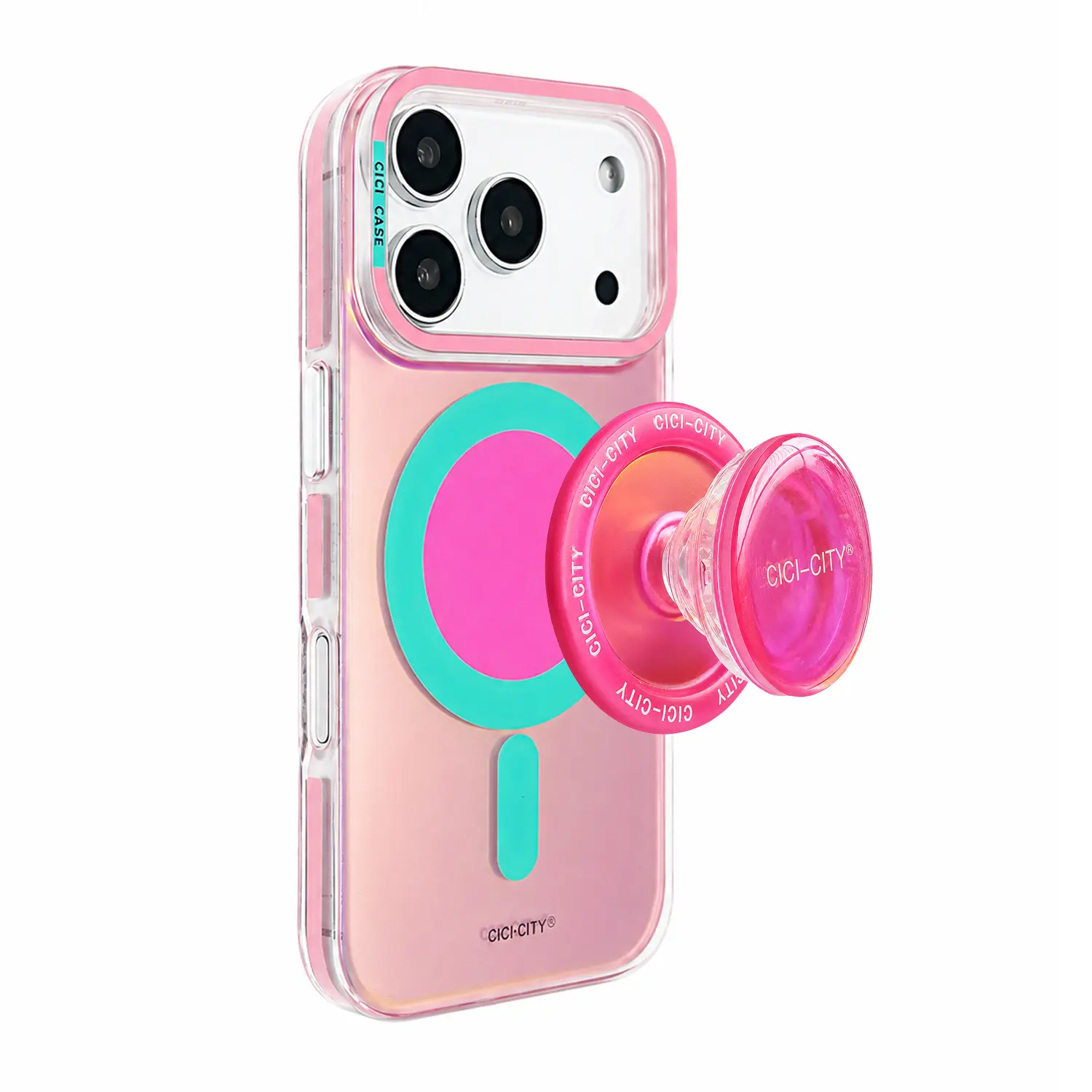 Iridescent Gradient MagSafe Case with Detachable Magnetic Pop Grip Stand, Shockproof Protective Cover for iPhone 17 Pro Max 16 15 14 13 Pro Max