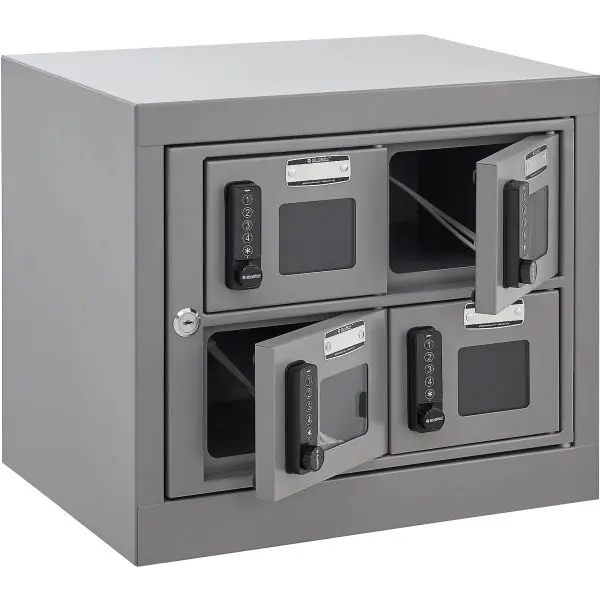 Global Industrial 413247 Metal Cabinet Storage Locker with Digital Lock, Cell Phone Charging Function - 2-Tier, 4-Door, Transparent View, Assembled, Locks Included