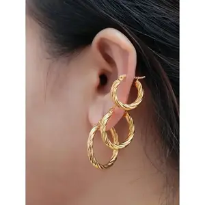 3 Pairs/Set Delicate Stainless Steel 18K Gold Plated Hoop Earrings With Minimalist & Vintage Style For Women Gifts