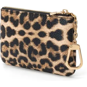 Leopard Print Coin Purse with Keychain - PU Leather Small Coin Pouch Key Pouch Small Card Holder Keychain Wallet Change Purse for Women and Men (Golden Leopard)