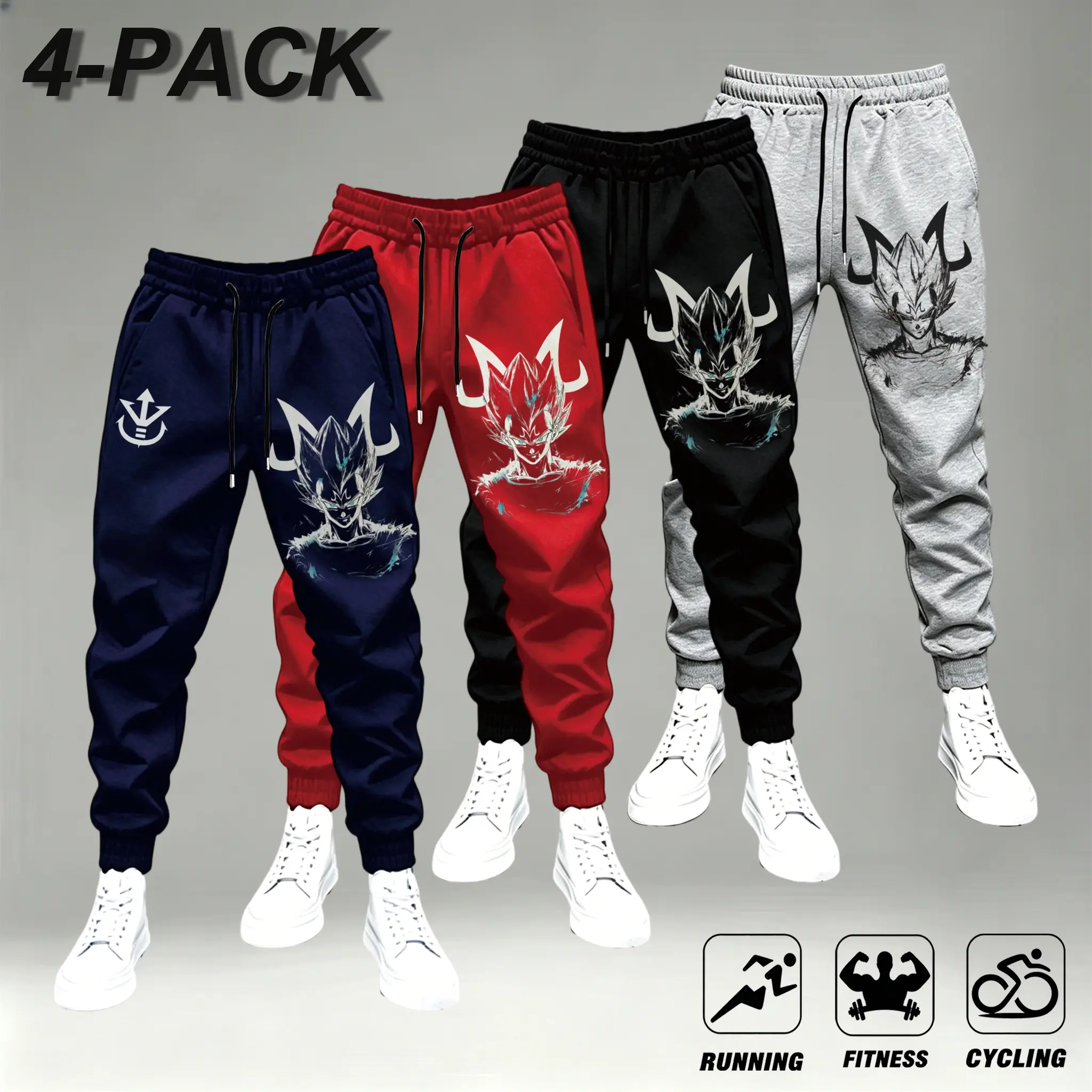 4-Pack Anime Print Joggers for Men - Navy, Red, Black, Gray - Ideal for Running, Fitness, Cycling - Comfortable & Stylish,Anime Saiyan Graphic Jogger Pants Men Streetwear Casual Sweatpants Athletic Workout Trousers