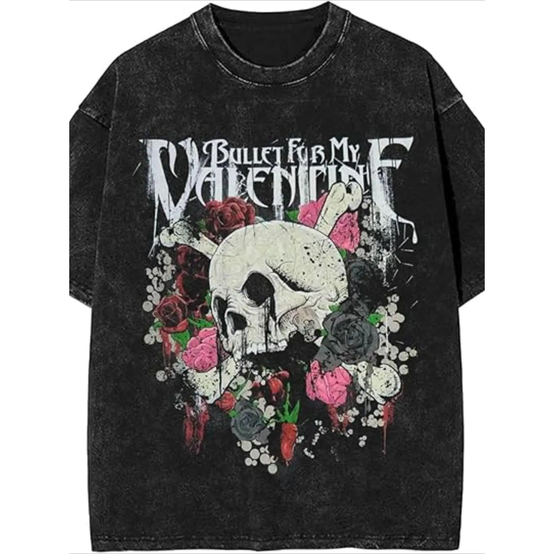 Women's Vintage Rock Skull & Rose Graphic Streetwear T-Shirt - Baggy Short-Sleeve Unisex Punk Top, Heavyweight Soft Cotton, Round Neck, Digital Print, Retro Fashion for Concerts, Gym, Athletic Wear